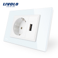 Livolo Dois Gang Soquete da UE &amp; Tomada USB com Painel de Vidro Cristal Branco VL-C9C1EU1U-11/12